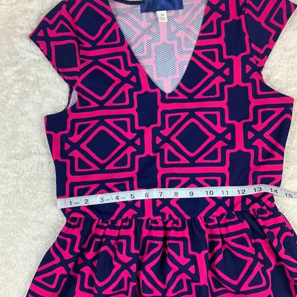 Unbranded Geometric print hot pink & navy blue fit and flare stretch dress, med - Picture 6 of 8